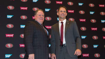 January 20, 2016; Santa Clara, CA, USA; Chip Kelly (left) and San Francisco 49ers general manager Trent Baalke (right) pose for a photo in a press conference after naming Kelly as the new head coach for the San Francisco 49ers at Levi's Stadium Auditorium. Mandatory Credit: Kyle Terada-USA TODAY Sports