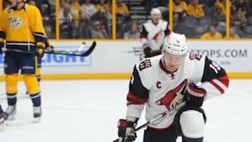 Apr 7, 2016; Nashville, TN, USA; Arizona Coyotes right winger Shane Doan (19) after scoring during the second period against the Nashville Predators at Bridgestone Arena. Mandatory Credit: Christopher Hanewinckel-USA TODAY Sports
