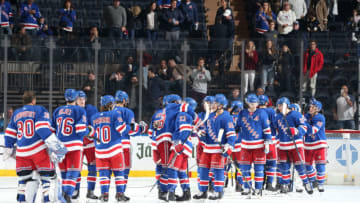 NEW YORK, NY - OCTOBER 29: The New York Rangers celebrate after defeating the Tampa Bay Lightning 4-1 at Madison Square Garden on October 29, 2019 in New York City. (Photo by Jared Silber/NHLI via Getty Images)