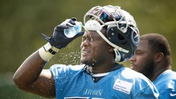 Tennessee Titans defensive tackle Naquan Jones (69) cools off during a training camp practice at Saint Thomas Sports Park Thursday, July 29, 2021 in Nashville, Tenn.Nas 0728 Titans Camp 014
