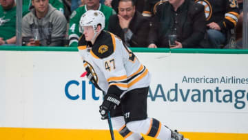 Feb 20, 2016; Dallas, TX, USA; Boston Bruins defenseman Torey Krug (47) skates against the Dallas Stars during the game at the American Airlines Center. The Bruins defeat the Stars 7-3. Mandatory Credit: Jerome Miron-USA TODAY Sports