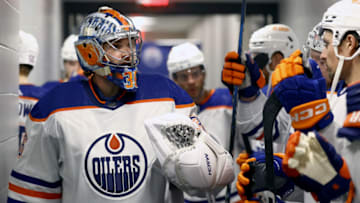 PHILADELPHIA, PENNSYLVANIA - OCTOBER 19: Jack Campbell #36 of the Edmonton Oilers looks on before playing against the Philadelphia Flyers at the Wells Fargo Center on October 19, 2023 in Philadelphia, Pennsylvania. (Photo by Tim Nwachukwu/Getty Images)