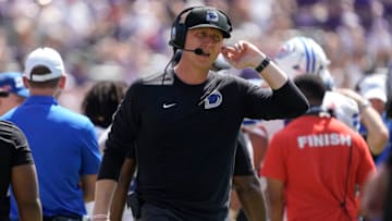 FORT WORTH, TEXAS - SEPTEMBER 23: Head coach Rhett Lashlee of the SMU Mustangs walks along the sideline during the second half against the TCU Horned Frogs at Amon G. Carter Stadium on September 23, 2023 in Fort Worth, Texas. (Photo by Sam Hodde/Getty Images)