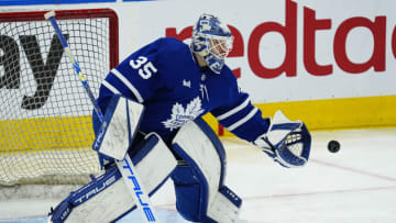 May 4, 2023; Toronto, Ontario, CANADA; Toronto Maple Leafs goaltender Ilya Samsonov (35) goes to make a save during warm up before game two of the second round of the 2023 Stanley Cup Playoffs against the Florida Panthers at Scotiabank Arena. Mandatory Credit: John E. Sokolowski-USA TODAY Sports