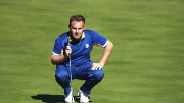 PARIS, FRANCE - SEPTEMBER 30: Tyrrell Hatton of Europe lines up a putt during singles matches of the 2018 Ryder Cup at Le Golf National on September 30, 2018 in Paris, France. (Photo by Jamie Squire/Getty Images)
