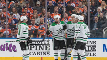 EDMONTON, AB - MARCH 28: Tyler Seguin #91, Jamie Benn #14, Alexander Radulov #47 and John Klingberg #3 of the Dallas Stars celebrate a goal against the Edmonton Oilers on March 28, 2019 at Rogers Place in Edmonton, Alberta, Canada. (Photo by Andy Devlin/NHLI via Getty Images)