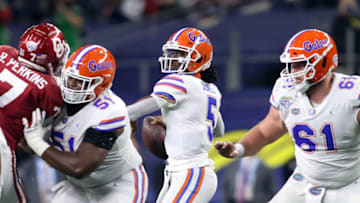 Dec 30, 2020; Arlington, TX, USA; Florida Gators quarterback Emory Jones (5) throws a pass against the Oklahoma Sooners in the third quarter at ATT Stadium. Mandatory Credit: Tim Heitman-USA TODAY Sports