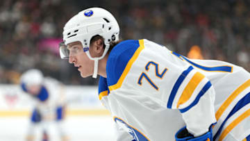 Dec 19, 2022; Las Vegas, Nevada, USA; Buffalo Sabres center Tage Thompson (72) awaits a face-off against the Vegas Golden Knights during the first period at T-Mobile Arena. Mandatory Credit: Stephen R. Sylvanie-USA TODAY Sports