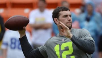 January 26, 2014; Honolulu, HI, USA; Team Sanders quarterback Andrew Luck of the Indianapolis Colts (12) warms up before the 2014 Pro Bowl against Team Rice at Aloha Stadium. Mandatory Credit: Kyle Terada-USA TODAY Sports
