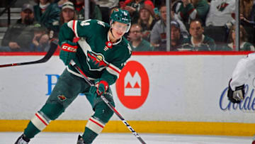 ST. PAUL, MN - OCTOBER 27: Joel Eriksson Ek #14 of the Minnesota Wild skates with the puck during a game between the Minnesota Wild and Colorado Avalanche at Xcel Energy Center on October 27, 2018 in St. Paul, Minnesota. The Wild defeated the Avalanche 3-2.(Photo by Bruce Kluckhohn/NHLI via Getty Images)