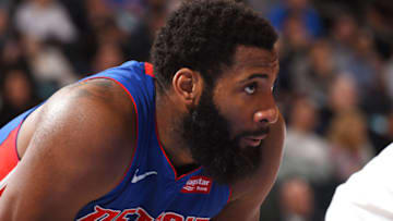 NEW YORK, NY - APRIL 10: Andre Drummond #0 of the Detroit Pistons looks on during the game against the New York Knicks on April 10, 2019 at Madison Square Garden in New York City, New York. NOTE TO USER: User expressly acknowledges and agrees that, by downloading and/or using this photograph, user is consenting to the terms and conditions of the Getty Images License Agreement. Mandatory Copyright Notice: Copyright 2019 NBAE (Photo by Brian Babineau/NBAE via Getty Images)