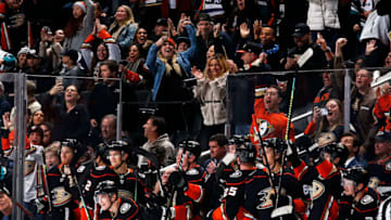 ANAHEIM, CA - DECEMBER 2: The Anaheim Ducks celebrate an empty net goal during the game against the Los Angeles Kings at Honda Center on December 2, 2019 in Anaheim, California. (Photo by Debora Robinson/NHLI via Getty Images)