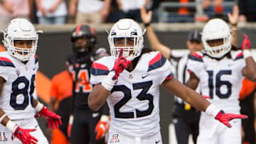 Sep 22, 2018; Corvallis, OR, USA; Arizona Wildcats running back Gary Brightwell (23) celebrates after scoring a touchdown during the second half against the Oregon State Beavers at Reser Stadium. The Arizona Wildcats won 35-14. Mandatory Credit: Troy Wayrynen-USA TODAY Sports