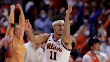 Jan 17, 2022; Champaign, Illinois, USA; Illinois Fighting Illini guard Alfonso Plummer (11) reacts after making a three-point basket during the second half against the Purdue Boilermakers at State Farm Center. Mandatory Credit: Ron Johnson-USA TODAY Sports