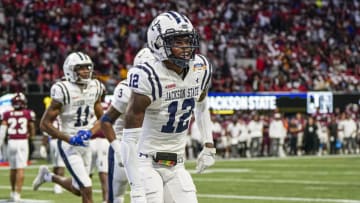 Dec 17, 2022; Atlanta, GA, USA; Jackson State Tigers wide receiver Travis Hunter (12) reacts after catching a touchdown against the North Carolina Central Eagles during the second half during the Celebration Bowl at Mercedes-Benz Stadium. Mandatory Credit: Dale Zanine-USA TODAY Sports