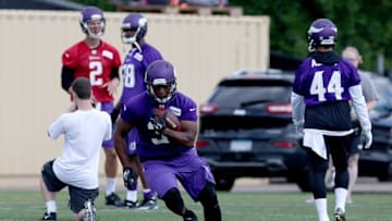 Jun 15, 2016; Minneapolis, MN, USA; Minnesota Vikings running back C.J. Ham (30) runs with the ball during mini camp. Mandatory Credit: Brad Rempel-USA TODAY Sports