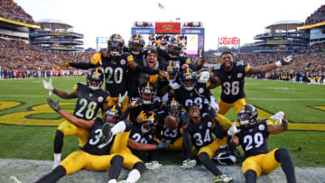 PITTSBURGH, PA - DECEMBER 01: Joe Haden #23 of the Pittsburgh Steelers celebrates with teammates after an interception in the fourth quarter against the Cleveland Browns on December 1, 2019 at Heinz Field in Pittsburgh, Pennsylvania. (Photo by Justin K. Aller/Getty Images)