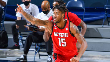Mar 3, 2021; South Bend, Indiana, USA; North Carolina State Wolfpack forward Manny Bates (15) reacts after a basket in the second half against the Notre Dame Fighting Irish at the Purcell Pavilion. Mandatory Credit: Matt Cashore-USA TODAY Sports