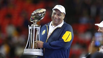 Dec 19, 2015; Atlanta, GA, USA; North Carolina A&T Aggies head coach Rod Broadway holds the 2015 Celebration Bowl trophy after a 41-34 win against the Alcorn State Braves at the Georgia Dome. Mandatory Credit: Brett Davis-USA TODAY Sports