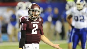 Dec 31, 2013; Atlanta, GA, USA; Texas A&M Aggies quarterback Johnny Manziel (2) reacts to the sideline against the Duke Blue Devils during the second quarter in the 2013 Chick-fil-a Bowl at the Georgia Dome. Mandatory Credit: Dale Zanine-USA TODAY Sports