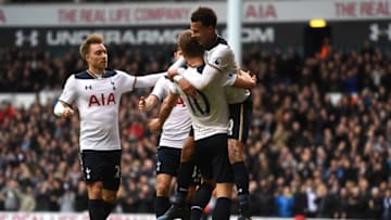 LONDON, ENGLAND - FEBRUARY 26: Dele Alli of Tottenham Hotspur celebrates scoring his teams fourth goal with teammates Harry Kane Christian Eriksen and Ben Davies during the Premier League match between Tottenham Hotspur and Stoke City at White Hart Lane on February 26, 2017 in London, England. (Photo by Michael Regan/Getty Images)