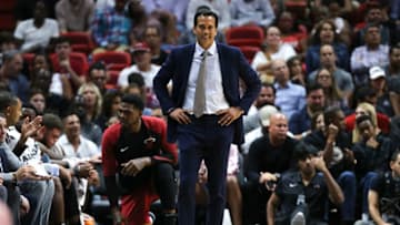 MIAMI, FL - OCTOBER 27: Head coach Erik Spoelstra of the Miami Heat looks on against the Portland Trail Blazers during the first half at American Airlines Arena on October 27, 2018 in Miami, Florida. NOTE TO USER: User expressly acknowledges and agrees that, by downloading and or using this photograph, User is consenting to the terms and conditions of the Getty Images License Agreement. (Photo by Michael Reaves/Getty Images)