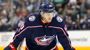 COLUMBUS, OH - OCTOBER 21: Columbus Blue Jackets center Alexander Wennberg (10) looks on during the third period in a game between the Columbus Blue Jackets and the Los Angeles Kings on October 21, 2017, at Nationwide Arena in Columbus, OH. Las Angeles Kings defeated the Columbus Blue Jackets 6-4.(Photo by Adam Lacy/Icon Sportswire via Getty Images)
