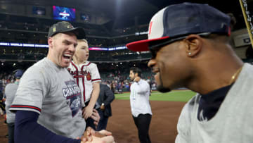 HOUSTON, TEXAS - NOVEMBER 02: Freddie Freeman #5 of the Atlanta Braves celebrates after the team's 7-0 victory against the Houston Astros in Game Six to win the 2021 World Series at Minute Maid Park on November 02, 2021 in Houston, Texas. (Photo by Carmen Mandato/Getty Images)