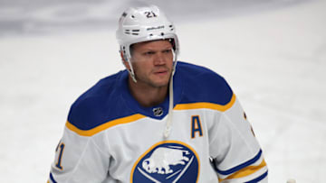 Feb 13, 2022; Montreal, Quebec, CAN; Buffalo Sabres right wing Kyle Okposo (21) during the warm-up session before the game against Montreal Canadiens at Bell Centre. Mandatory Credit: Jean-Yves Ahern-USA TODAY Sports