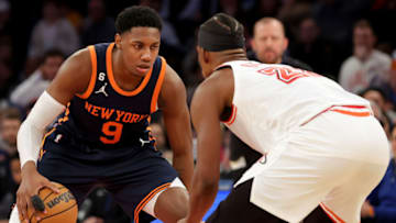 Feb 2, 2023; New York, New York, USA; New York Knicks guard RJ Barrett (9) controls the ball against Miami Heat forward Jimmy Butler (22) during the fourth quarter at Madison Square Garden. Mandatory Credit: Brad Penner-USA TODAY Sports