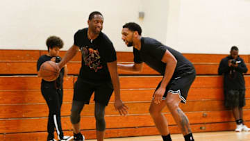 MIAMI, FL - AUGUST 09: Dwyane Wade of the Miami Heat is guarded by Jahlil Okafer of the New Orleans Pelicans during NBA Off-season training with Remy Workouts on August 9, 2018 in Miami, Florida. (Photo by Michael Reaves/Getty Images)