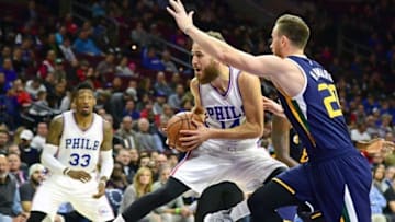 Nov 7, 2016; Philadelphia, PA, USA; Philadelphia 76ers guard Sergio Rodriguez (14) looks to pass the ball against Utah Jazz forward Gordon Hayward (20) during the second quarter at Wells Fargo Center. Mandatory Credit: Eric Hartline-USA TODAY Sports