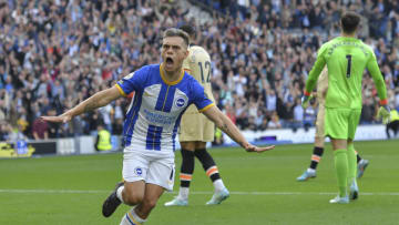 BRIGHTON, ENGLAND - OCTOBER 29: Leandro Trossard of Brighton & Hove Albion celebrates after scoring during the Premier League match between Brighton & Hove Albion and Chelsea FC at American Express Community Stadium on October 29, 2022 in Brighton, United Kingdom. (Photo by MB Media/Getty Images)