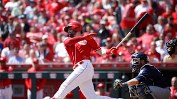 CINCINNATI, OH - APRIL 03: Curt Casali #12 of the Cincinnati Reds bats during a game against the Milwaukee Brewers at Great American Ball Park on April 3, 2019 in Cincinnati, Ohio. The Brewers won 1-0. (Photo by Joe Robbins/Getty Images)