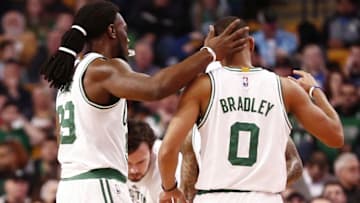 Feb 25, 2016; Boston, MA, USA; Boston Celtics forward Jae Crowder (left) and guard Avery Bradley (0) celebrate against the Milwaukee Bucks during the first half at TD Garden. Mandatory Credit: Mark L. Baer-USA TODAY Sports