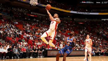 MIAMI, FL - OCTOBER 24: Rodney McGruder #17 of the Miami Heat shoots the ball against the New York Knicks on October 24, 2018 at American Airlines Arena in Miami, Florida. NOTE TO USER: User expressly acknowledges and agrees that, by downloading and/or using this photograph, User is consenting to the terms and conditions of the Getty Images License Agreement. Mandatory Copyright Notice: Copyright 2018 NBAE (Photo by Issac Baldizon/NBAE via Getty Images)