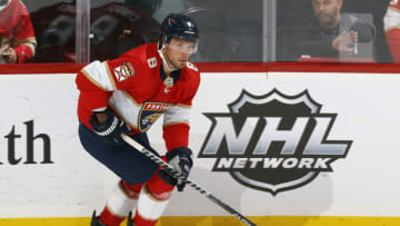 SUNRISE, FL - APRIL 23: Ben Chiarot #8 of the Florida Panthers skates with the puck against the Toronto Maple Leafs at the FLA Live Arena on April 23, 2022 in Sunrise, Florida. (Photo by Joel Auerbach/Getty Images)