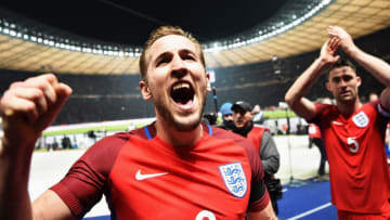 BERLIN, GERMANY - MARCH 26: Harry Kane of England celebrates during the international friendly match between Germany and England at Olympiastadion on March 26, 2016 in Berlin, Germany. (Photo by Stuart Franklin/Bongarts/Getty Images)