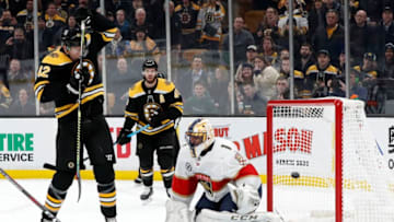 BOSTON, MA - MARCH 07: Boston Bruins center David Backes (42) was successful in screening Florida Panthers goalie Roberto Luongo (1) as the puck goes in during a game between the Boston Bruins and the Florida Panthers on March 7, 2019, at TD Garden in Boston, Massachusetts. (Photo by Fred Kfoury III/Icon Sportswire via Getty Images)