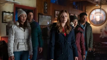 Nancy Drew -- "The Secret of Solitary Scribe" -- Image Number: NCD203c_0090r.jpg -- Pictured (L-R): Maddison Jaizani as Bess, Alex Saxon as Ace, Kennedy McMann as Nancy, Leah Lewis as George and Tunji Kasim as Nick -- Photo: Colin Bentleyl/The CW -- © 2021 The CW Network, LLC. All Rights Reserved.
