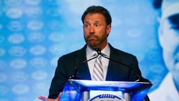 Jul 21, 2016; Charlotte, NC, USA; North Carolina Tar Heels head coach Larry Fedora speaks to the media during the ACC Football Kickoff at Westin Charlotte. Mandatory Credit: Jeremy Brevard-USA TODAY Sports