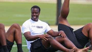 Mar 5, 2021; Fort Lauderdale, Florida, USA; Clemson Tigers running back Travis Etienne Jr. exercises while attending the House of Athlete Scouting Combine for athletes preparing to enter the 2021 NFL draft at Inter Miami Stadium Mandatory Credit: Sam Navarro-USA TODAY Sports