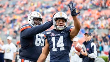 AUBURN, AL - NOVEMBER 23: Wide receiver Zach Farrar #14 of the Auburn Tigers celebrates with offensive lineman Alec Jackson #65 of the Auburn Tigers after scoring a touchdown during the fourth quarter of their game against the Samford Bulldogs at Jordan-Hare Stadium on November 23, 2019 in Auburn, Alabama. (Photo by Michael Chang/Getty Images)
