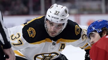 Nov 8, 2016; Montreal, Quebec, CAN; Boston Bruins forward Patrice Bergeron (37) prepares for a faceoff against Montreal Canadiens forward Phillip Danault (24) during the second period at the Bell Centre. Mandatory Credit: Eric Bolte-USA TODAY Sports
