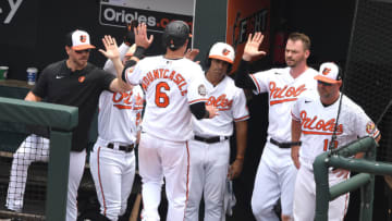 BALTIMORE, MD - JULY 10: Ryan Mountcastle #6 of the Baltimore Orioles celebrates scoring a run during a baseball game against the Los Angeles Angels at Oriole Park at Camden Yards on July 10, 2022 in Baltimore, Maryland. (Photo by Mitchell Layton/Getty Images)