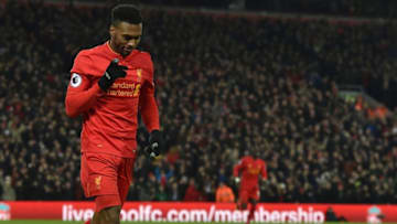 LIVERPOOL, ENGLAND - DECEMBER 27: (THE SUN OUT, THE SUN ON SUNDAY OUT) Daniel Sturridge of Liveproolcelebrates scoring his team's fourth goal during the Premier League match between Liverpool and Stoke City at Anfield on December 27, 2016 in Liverpool, England. (Photo by Andrew Powell/Liverpool FC via Getty Images)
