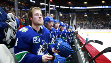 VANCOUVER, BC - NOVEMBER 12: Brock Boeser #6 of the Vancouver Canucks looks on from the bench during their NHL game against the Nashville Predators at Rogers Arena November 12, 2019 in Vancouver, British Columbia, Canada. (Photo by Jeff Vinnick/NHLI via Getty Images)"n