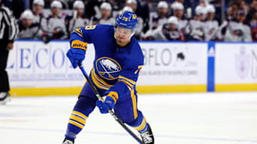 Feb 28, 2023; Buffalo, New York, USA; Buffalo Sabres defenseman Jacob Bryson (78) takes a shot on goal during the second period against the Columbus Blue Jackets at KeyBank Center. Mandatory Credit: Timothy T. Ludwig-USA TODAY Sports