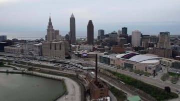 A general aerial view of the downtown skyline and Rocket Mortgage FieldHouse prior to the 2021 NFL Draft. Mandatory Credit: Kirby Lee-USA TODAY Sports