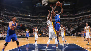 INDIANAPOLIS, IN - JANUARY 23: Kyle O'Quinn #9 of the New York Knicks shoots the ball against the Indiana Pacers on January 23, 2017 at Bankers Life Fieldhouse in Indianapolis, Indiana. NOTE TO USER: User expressly acknowledges and agrees that, by downloading and or using this Photograph, user is consenting to the terms and conditions of the Getty Images License Agreement. Mandatory Copyright Notice: Copyright 2017 NBAE (Photo by Ron Hoskins/NBAE via Getty Images)